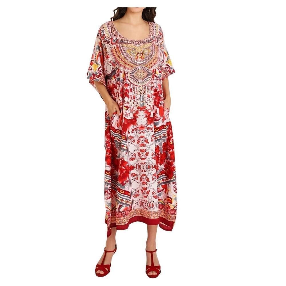 Miss Lavish London women's red embellished‎ kaftan tunic NWT Size Small